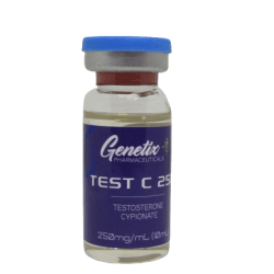 A 10ml vial of Testosterone Cypionate 250mg/ml by Genetix Pharma, designed for muscle growth, strength enhancement, and endurance improvement.