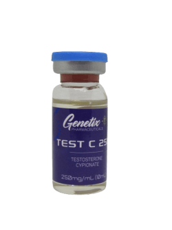 A 10ml vial of Testosterone Cypionate 250mg/ml by Genetix Pharma, designed for muscle growth, strength enhancement, and endurance improvement.