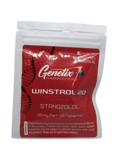 Bottle of Winstrol Tablets by Genetix Pharma, containing 50 tablets dosed at 20mg each.