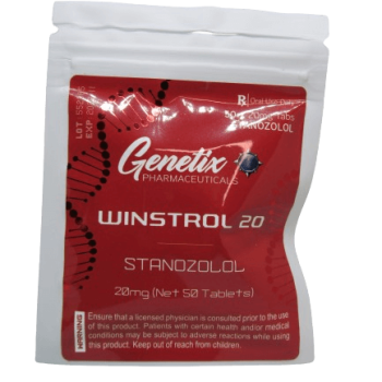 Bottle of Winstrol Tablets by Genetix Pharma, containing 50 tablets dosed at 20mg each.