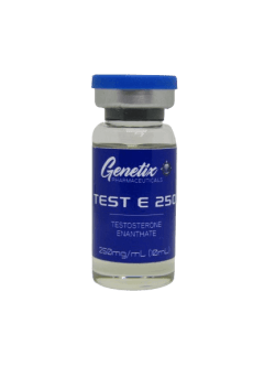 Testosterone Enanthate 250mg/ml vial from Genetix Pharma, ideal for bulking and strength cycles.
