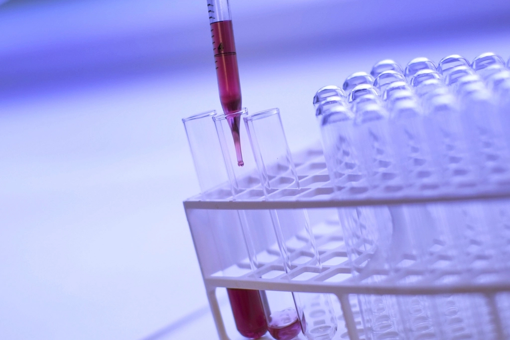 Blood sample tubes in a lab rack for hormone testing