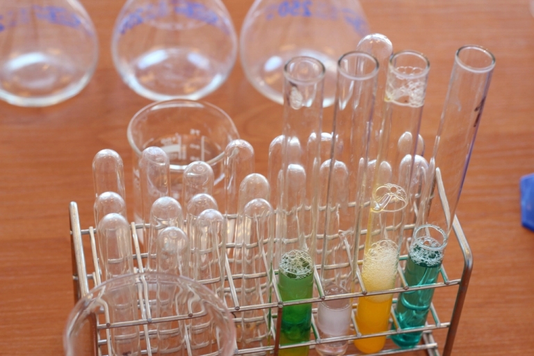 Rack of chemistry test tubes and glassware