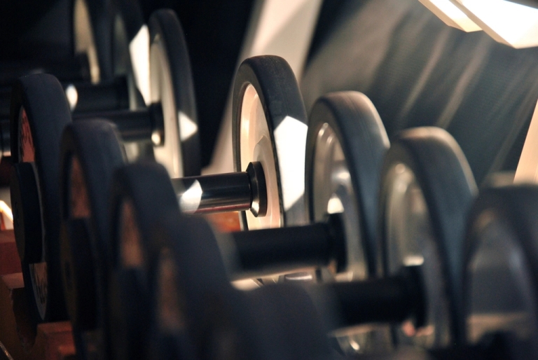Rack of dumbbells in a gym