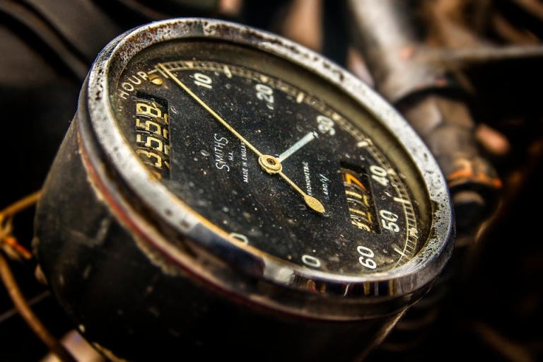 Close-up of a vintage speed gauge