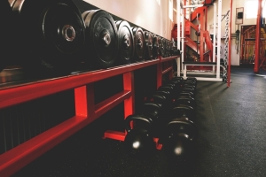 Long rack of dumbbells in a gym