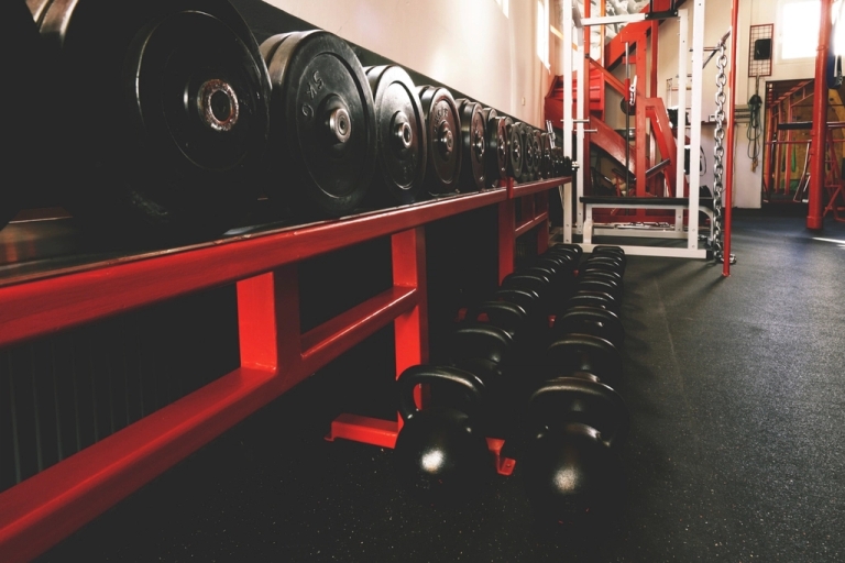Long rack of dumbbells in a gym