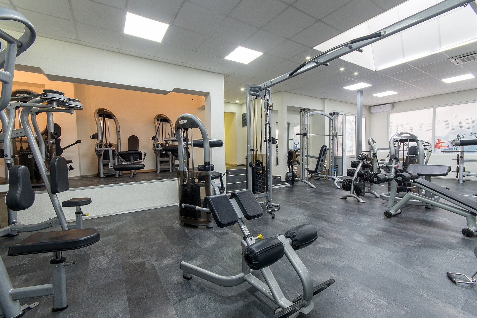 Gym interior with strength and cardio equipment