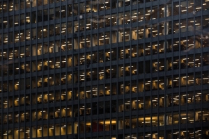 Office building with lit windows at night
