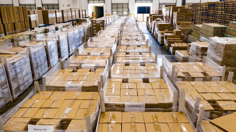 Rows of parcels in a shipping warehouse