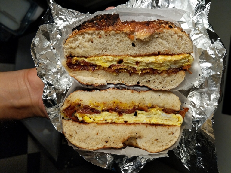 Double Bacon, Egg and Cheese Bagels with a Milk Shake