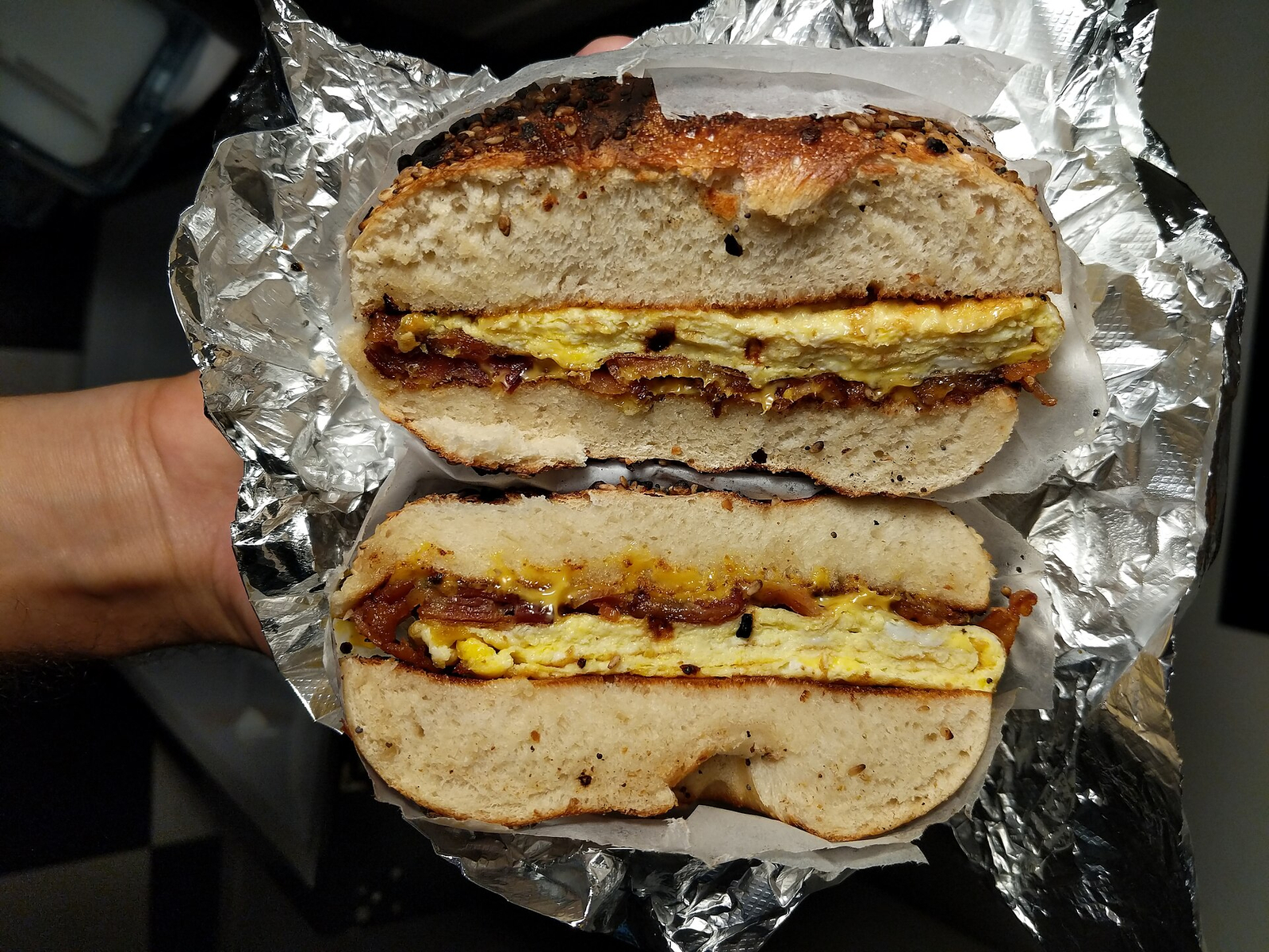 Double Bacon, Egg and Cheese Bagels with a Milk Shake