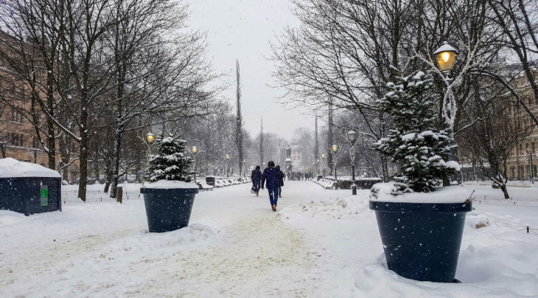Snow-covered park path in winter