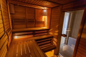 Wooden sauna with benches
